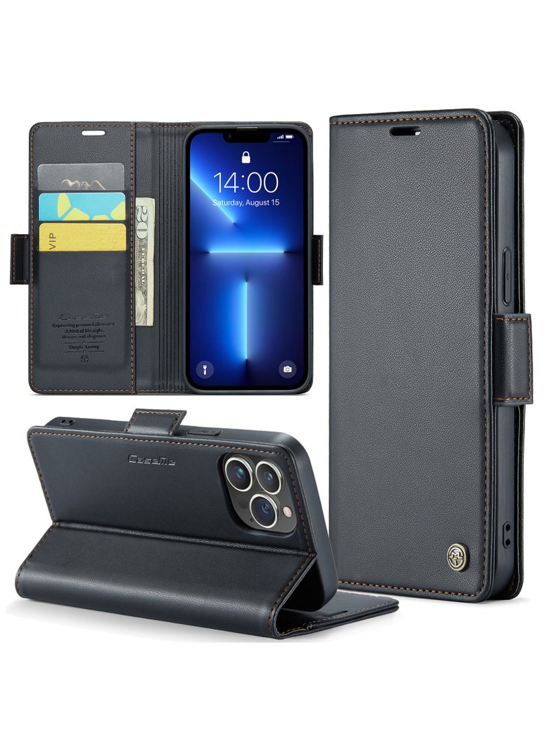 iPhone 13 Pro RFID Blocking Leather Wallet Case - Flip Folio, Strong Magnetic Closure, Credit Card Holder, Kickstand - Black - Image 1