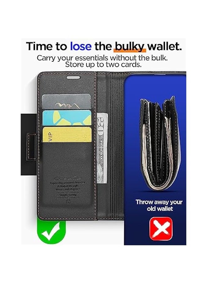 iPhone 13 Pro RFID Blocking Leather Wallet Case - Flip Folio, Strong Magnetic Closure, Credit Card Holder, Kickstand - Black - Image 2