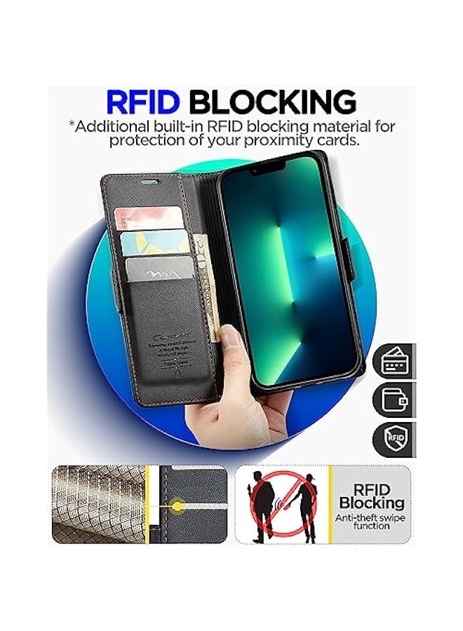 iPhone 13 Pro RFID Blocking Leather Wallet Case - Flip Folio, Strong Magnetic Closure, Credit Card Holder, Kickstand - Black - Image 3