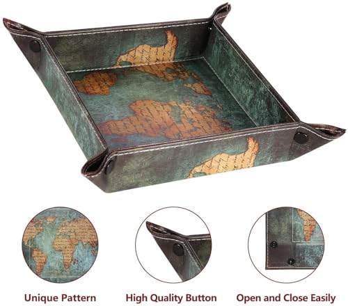 siduater Valet Tray Desktop Storage Organizer, Vegan Leather Catchall Bedside Vanity Tray Nightstand Caddy Holder for Remote Controller, Watch, Keys, Phone, Wallet, Sunglasses, Jewelry - Map - Image 4