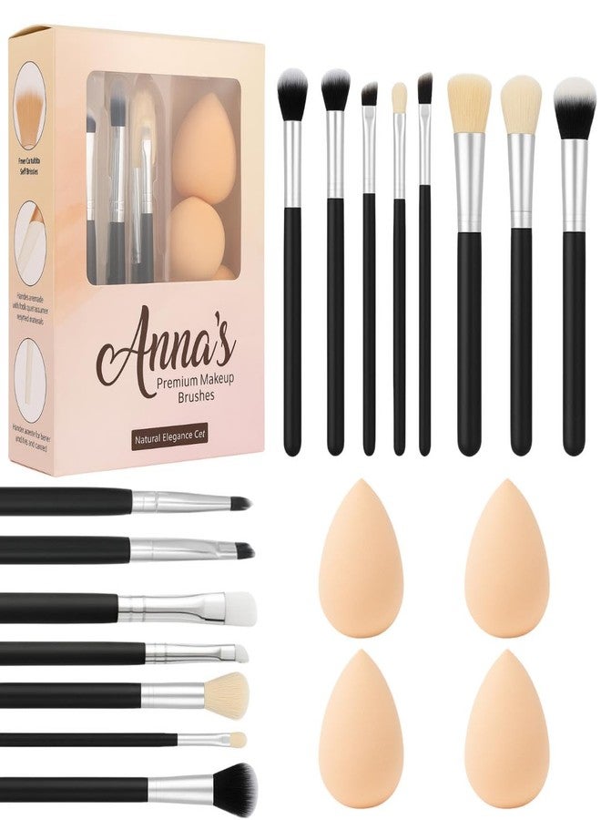 ANNACREATIONS ANNA's Premium 19 Pcs with Gift Box 15 Pcs Makeup Brush Set with 4 Blender Sponge - Professional Face & Eye Cosmetic Brushes for Foundation, Blending, Contouring, Eyeshadow - Soft Bristles Black Handle - Image 1