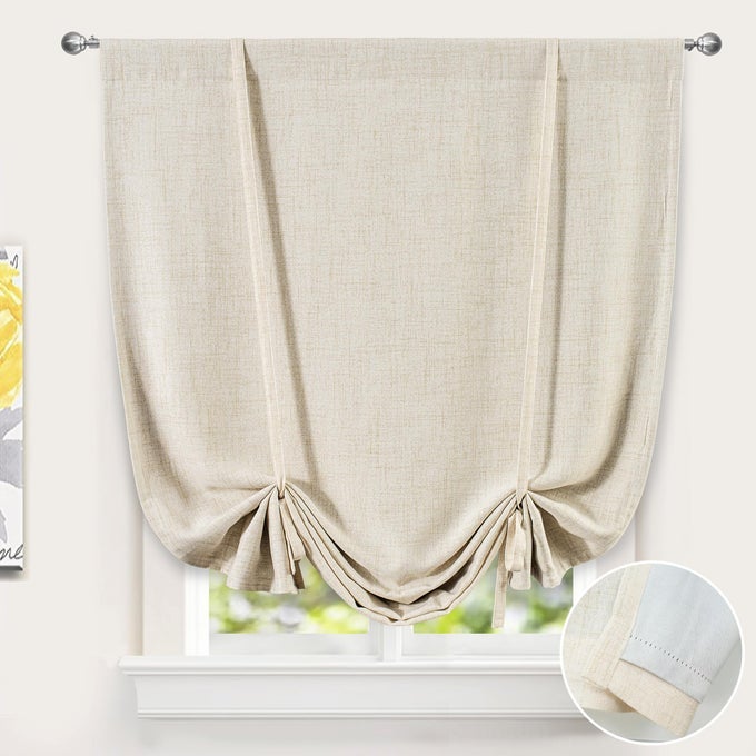 Double Layer Linen Blackout Tie Up Curtains Thermal Insulated Fully Lined Balloon Roman Shade Bathroom Window Adjustable Rod Pocket for Small Window 45 Inch by 63 Inch Beige