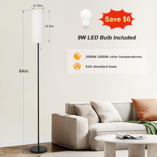 Ambimall 64'' Floor Lamp for Living Room with Bulb - Tall Lamps with Beige Lampshade & Pull Chain Switch, Pole Lamps for Bedrooms Tall, Minimalist Floor Lamp - Image 2