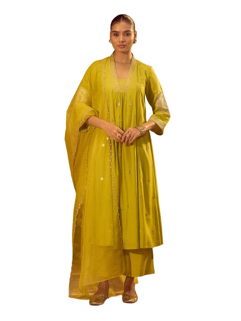 FIORRA Women’s Lime Green Viscose Chanderi Embroidered & Gota Patti Work Ethnic A-Line Kurta Set with Dupatta SET0221 - Image 1