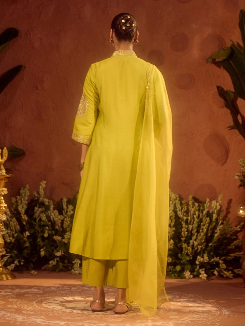FIORRA Women’s Lime Green Viscose Chanderi Embroidered & Gota Patti Work Ethnic A-Line Kurta Set with Dupatta SET0221 - Image 2