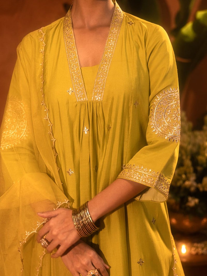FIORRA Women’s Lime Green Viscose Chanderi Embroidered & Gota Patti Work Ethnic A-Line Kurta Set with Dupatta SET0221 - Image 5