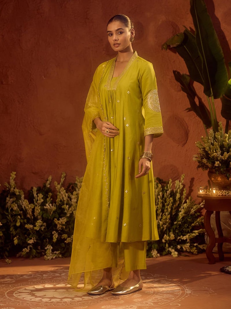 FIORRA Women’s Lime Green Viscose Chanderi Embroidered & Gota Patti Work Ethnic A-Line Kurta Set with Dupatta SET0221 - Image 3