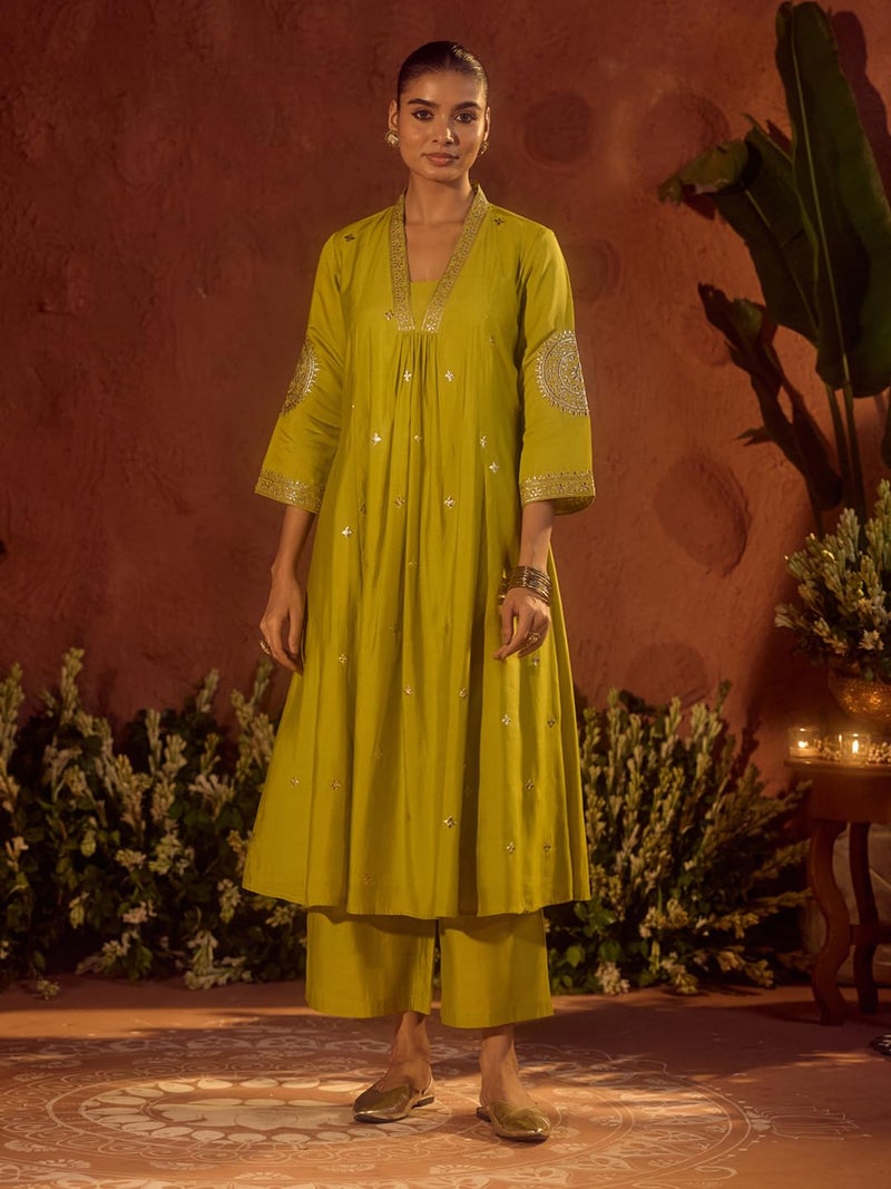 FIORRA Women’s Lime Green Viscose Chanderi Embroidered & Gota Patti Work Ethnic A-Line Kurta Set with Dupatta SET0221 - Image 4