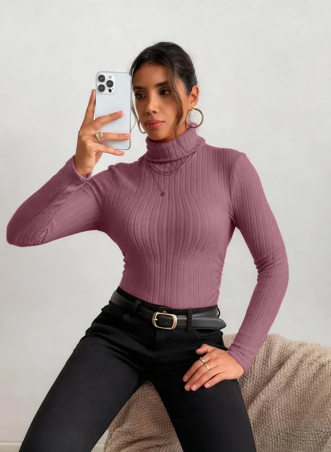 Take Two Women Dark Pink Ribbed Turtleneck Top
