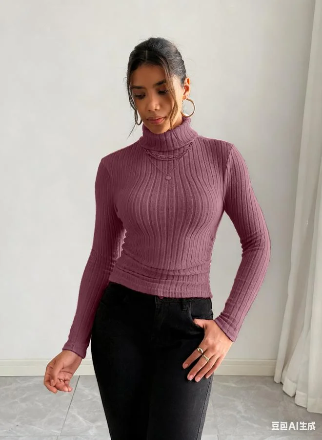 Take Two Women Dark Pink Ribbed Turtleneck Top
