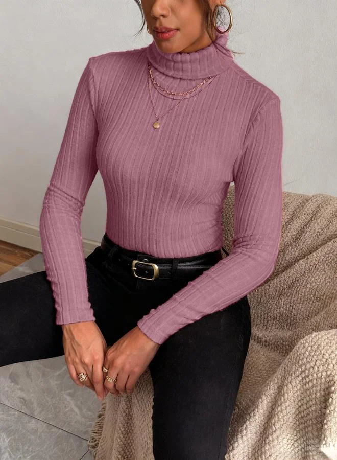 Take Two Women Dark Pink Ribbed Turtleneck Top