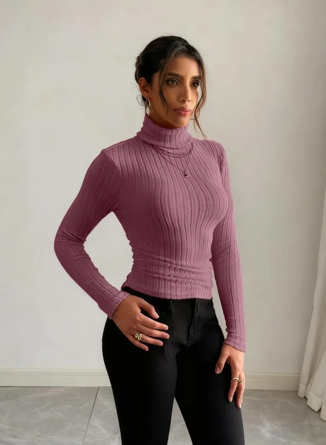 Take Two Women Dark Pink Ribbed Turtleneck Top