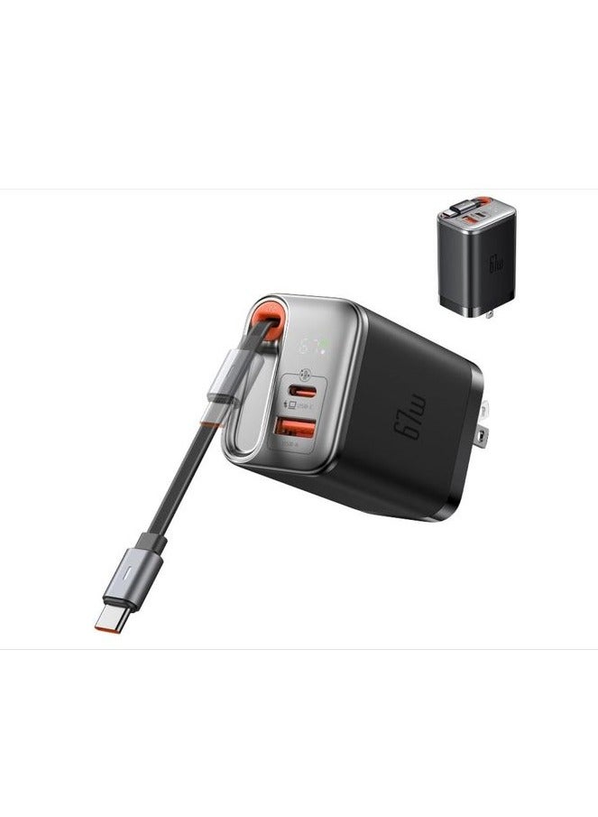 مكدودو CH-4100 - شاحن FreeGo GaN سريع الشحن بقوة 67 واط 2 في 1 - مع كابل مدمج قابل للسحب - مع شاشة LED تعرض حالة الطاقة في الوقت الفعلي - أسود - Image 1