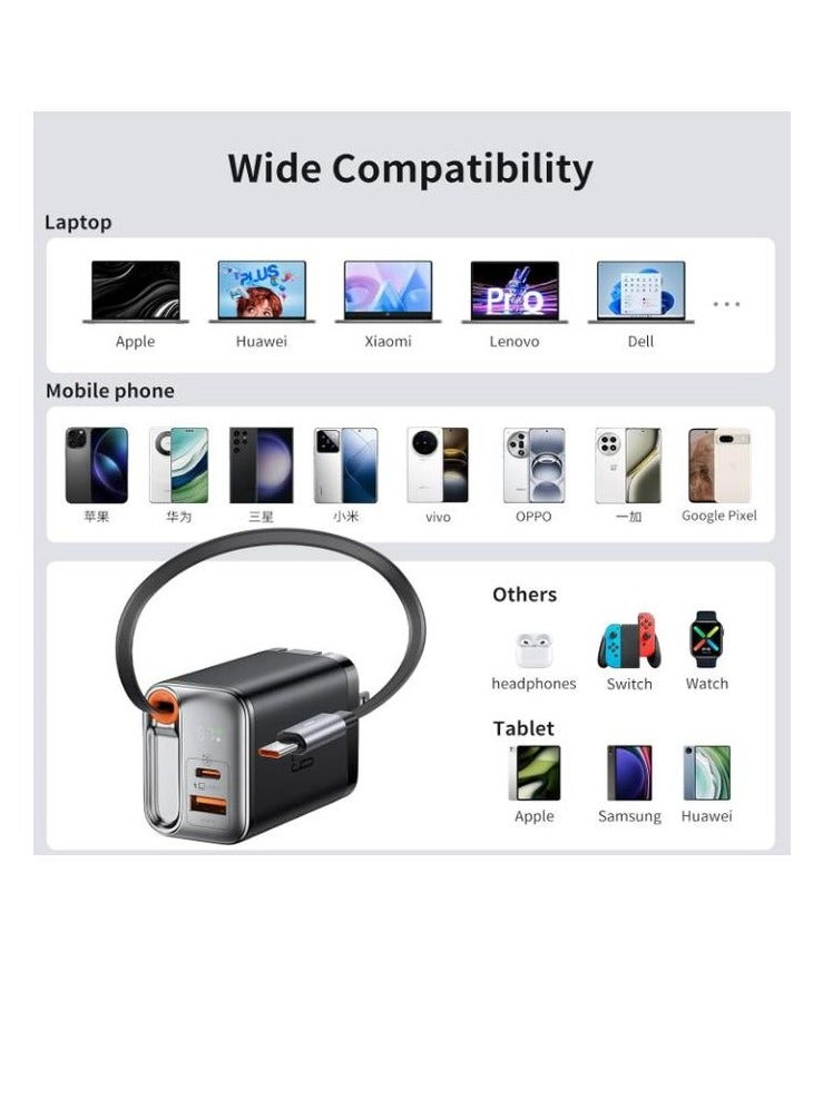 مكدودو CH-4100 - شاحن FreeGo GaN سريع الشحن بقوة 67 واط 2 في 1 - مع كابل مدمج قابل للسحب - مع شاشة LED تعرض حالة الطاقة في الوقت الفعلي - أسود - Image 3