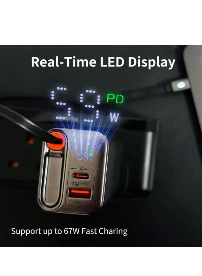 مكدودو CH-4100 - شاحن FreeGo GaN سريع الشحن بقوة 67 واط 2 في 1 - مع كابل مدمج قابل للسحب - مع شاشة LED تعرض حالة الطاقة في الوقت الفعلي - أسود - Image 5