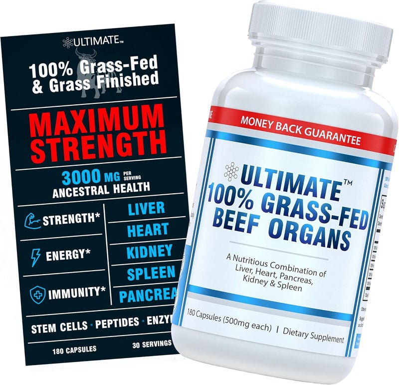 Ultimate 100 Grass Fed Beef Organs Supplement Supports Energy  Whole Body Wellness with a Complex of Desiccated Beef Liver Heart Kidney Pancreas  Spleen Pesticide Free  NonGMO 180 Capsules - Image 1