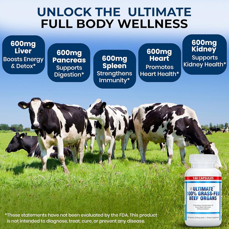 Ultimate 100 Grass Fed Beef Organs Supplement Supports Energy  Whole Body Wellness with a Complex of Desiccated Beef Liver Heart Kidney Pancreas  Spleen Pesticide Free  NonGMO 180 Capsules - Image 3