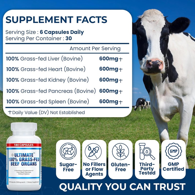 Ultimate 100 Grass Fed Beef Organs Supplement Supports Energy  Whole Body Wellness with a Complex of Desiccated Beef Liver Heart Kidney Pancreas  Spleen Pesticide Free  NonGMO 180 Capsules - Image 2