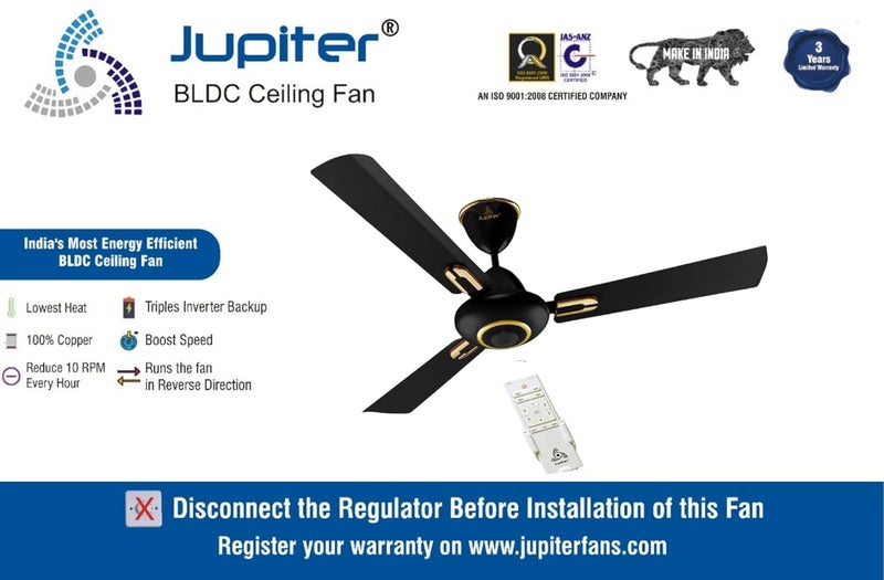 Jupiter Maharaja 3 Blades BLDC Motor 1200 mm Energy Efficient 5 Star Energy Saver High Speed Decorative Ceiling Fan Remote Controlled Black Gold - Image 2