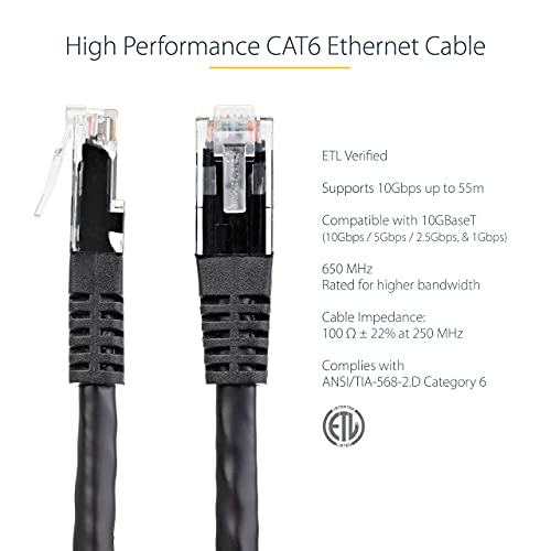 StarTech.com 1ft CAT6 Ethernet Cable - Black CAT 6 Gigabit Ethernet Wire -650MHz 100W PoE++ RJ45 UTP Molded Category 6 Network/Patch Cord w/Strain Relief/Fluke Tested UL/TIA Certified (C6PATCH1BK) - Image 3