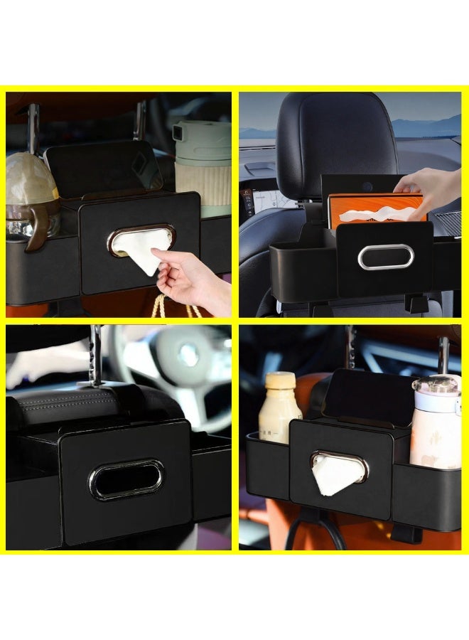 Seatback Storage Pocket, Full-Leather Wrapped Tissue Holder with Headrest Storage Compartment, Featuring Dual Cup Holders and Hooks Multifunctional Durable Rear Seat Storage Box Ideal for Family Travel and Childcare Needs Black Edition - Image 5