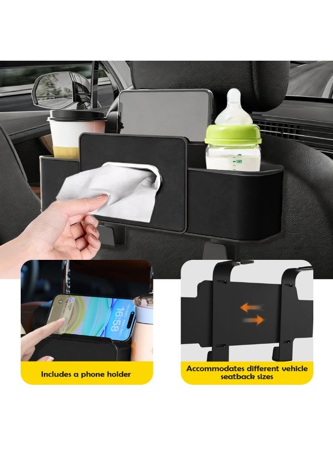 Seatback Storage Pocket, Full-Leather Wrapped Tissue Holder with Headrest Storage Compartment, Featuring Dual Cup Holders and Hooks Multifunctional Durable Rear Seat Storage Box Ideal for Family Travel and Childcare Needs Black Edition - Image 3