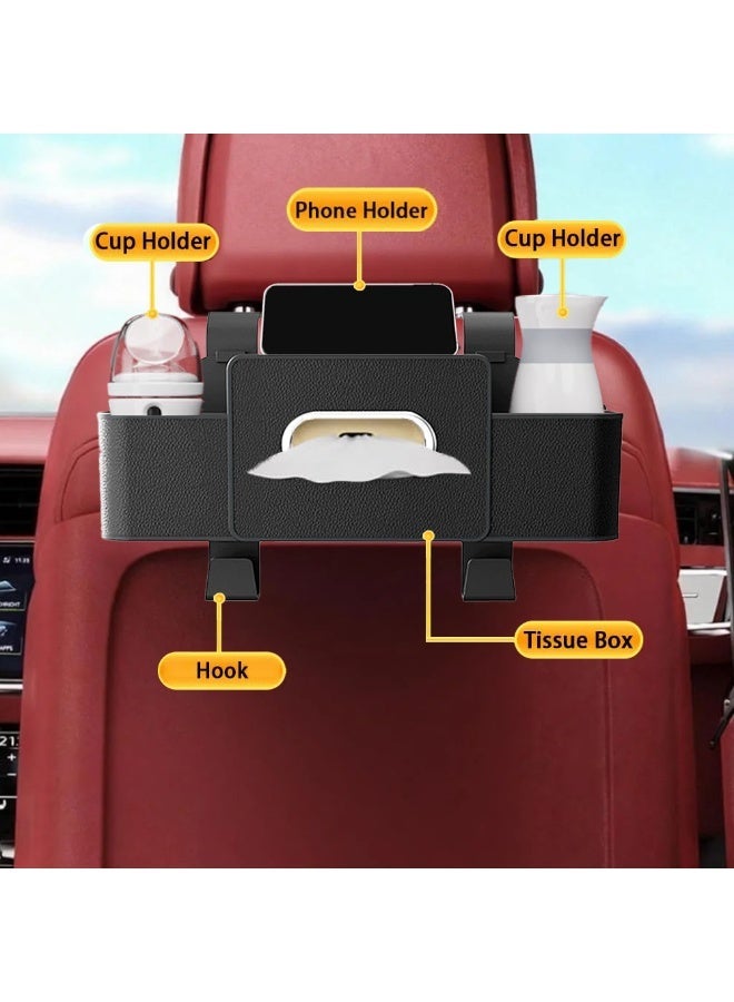 Seatback Storage Pocket, Full-Leather Wrapped Tissue Holder with Headrest Storage Compartment, Featuring Dual Cup Holders and Hooks Multifunctional Durable Rear Seat Storage Box Ideal for Family Travel and Childcare Needs Black Edition - Image 1