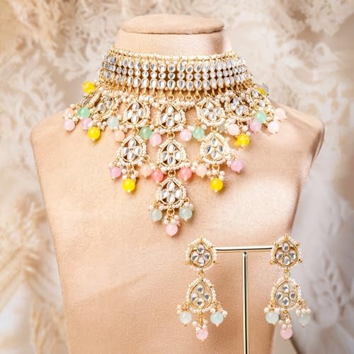 Rubans Necklace Set Kundan Pearl Gold Plated White Pastel Beaded Choker Gift for Women and Girls Bridal Festive - Image 3