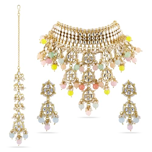 Rubans Necklace Set Kundan Pearl Gold Plated White Pastel Beaded Choker Gift for Women and Girls Bridal Festive - Image 1