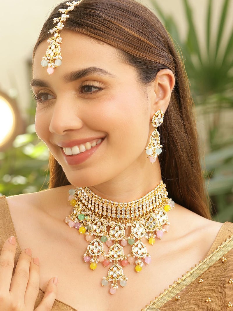 Rubans Necklace Set Kundan Pearl Gold Plated White Pastel Beaded Choker Gift for Women and Girls Bridal Festive - Image 2