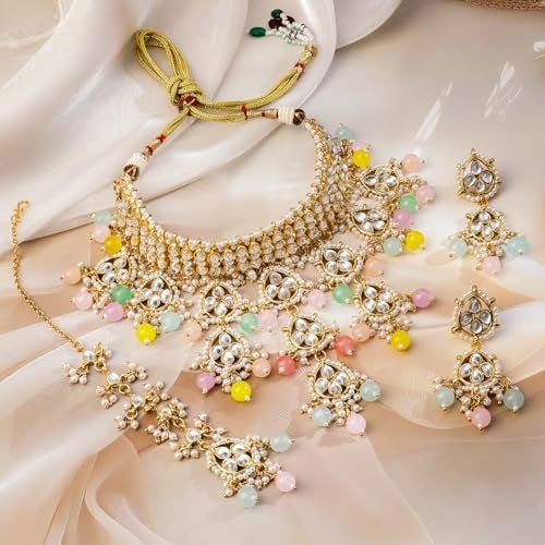 Rubans Necklace Set Kundan Pearl Gold Plated White Pastel Beaded Choker Gift for Women and Girls Bridal Festive - Image 4