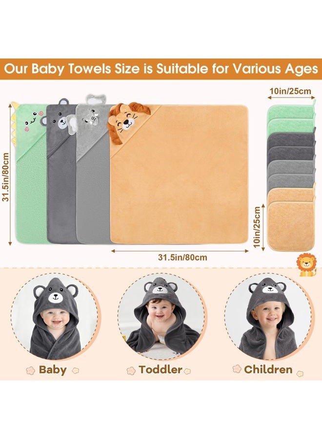 CandyHome 12 PCS Baby Bath Towels Set for Infants Toddlers, 4 PCS Animal Hooded Baby Towels & 8 PCS Washcloths Set, Ultra Absorbent Cute Soft Newborn Essentials Gift for Boys & Girls - Image 2