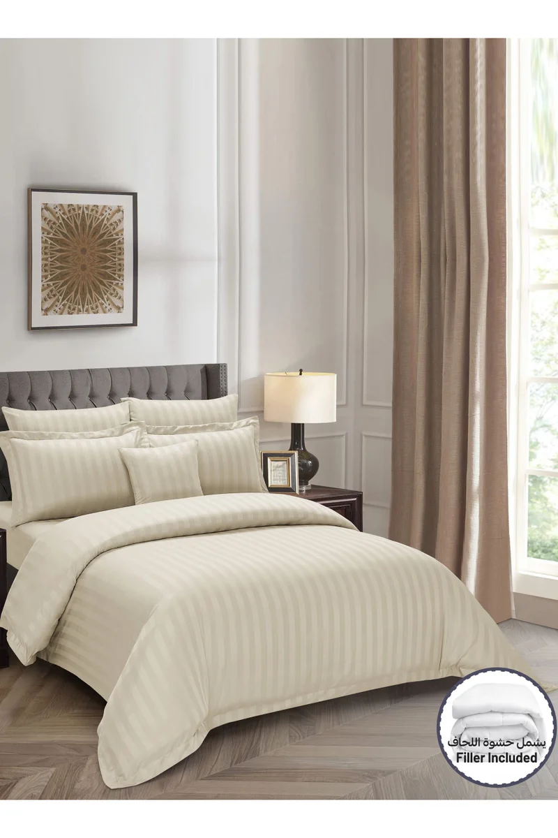 دوناتيلا Striped Comforter Set, King Size (260x240 cm), 8-Piece Hotel Bedding with 350 GSM Filling – Comforter, Comforter Cover, Fitted Sheet, Pillowcases &amp; Cushion Cover