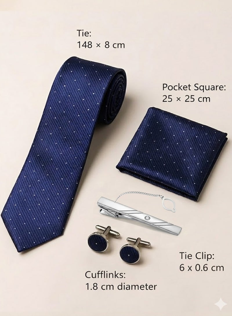 FIORICASA Men’s Premium 4-Piece Tie Gift Set – Navy Dot Tie, Cufflinks, Tie Clip & Matching Pocket Square - Image 2