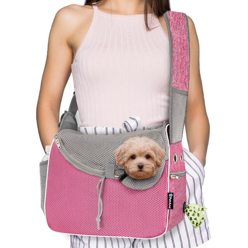 PetAmi Small Dog Sling Carrier, Soft-Sided Crossbody Puppy Carrying Purse Bag, Adjustable Sling Pet Pouch to Wear Medium Dog Cat Travel, Dog Bag for Traveling, Poop Bag Dispenser, Max 10 lbs, Pink - Image 1