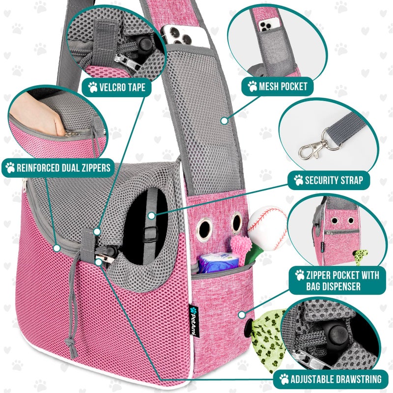 PetAmi Small Dog Sling Carrier, Soft-Sided Crossbody Puppy Carrying Purse Bag, Adjustable Sling Pet Pouch to Wear Medium Dog Cat Travel, Dog Bag for Traveling, Poop Bag Dispenser, Max 10 lbs, Pink - Image 3