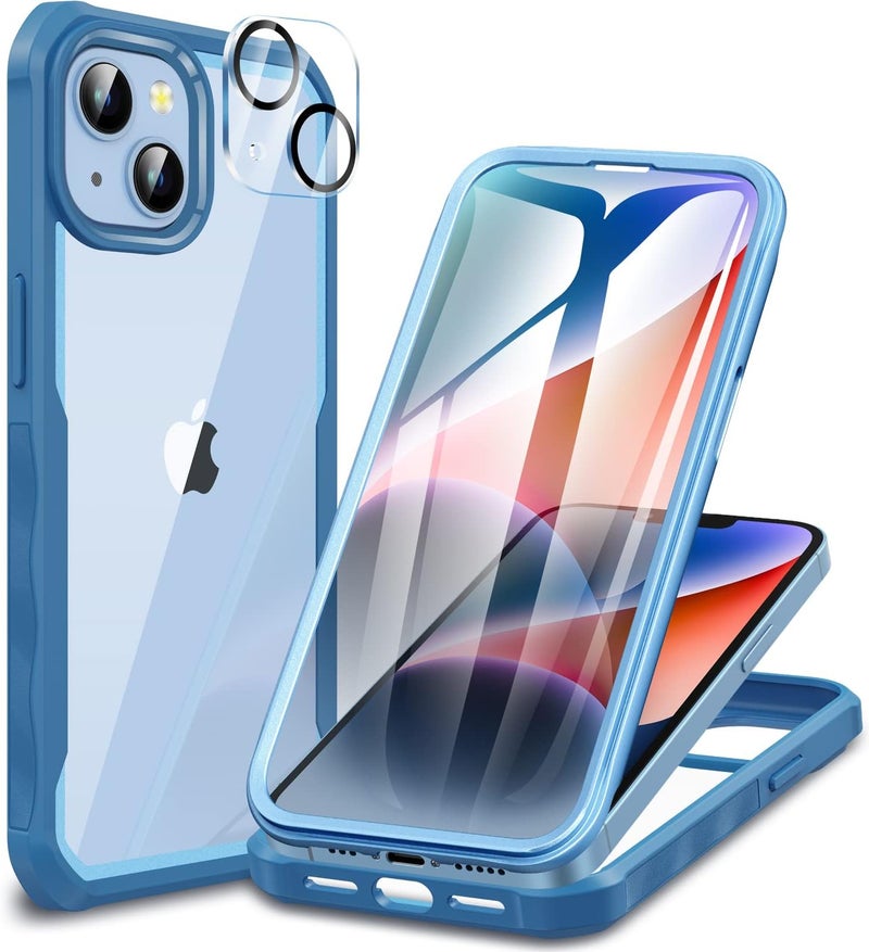 CENHUFO iPhone 14/iPhone 13 Case with Tempered Glass Screen Protector [9H HD] 360° Shockproof Double Sided Transparent Phone Case Full Cover for iPhone 14/13 – Blue Varied dimensions - Image 1