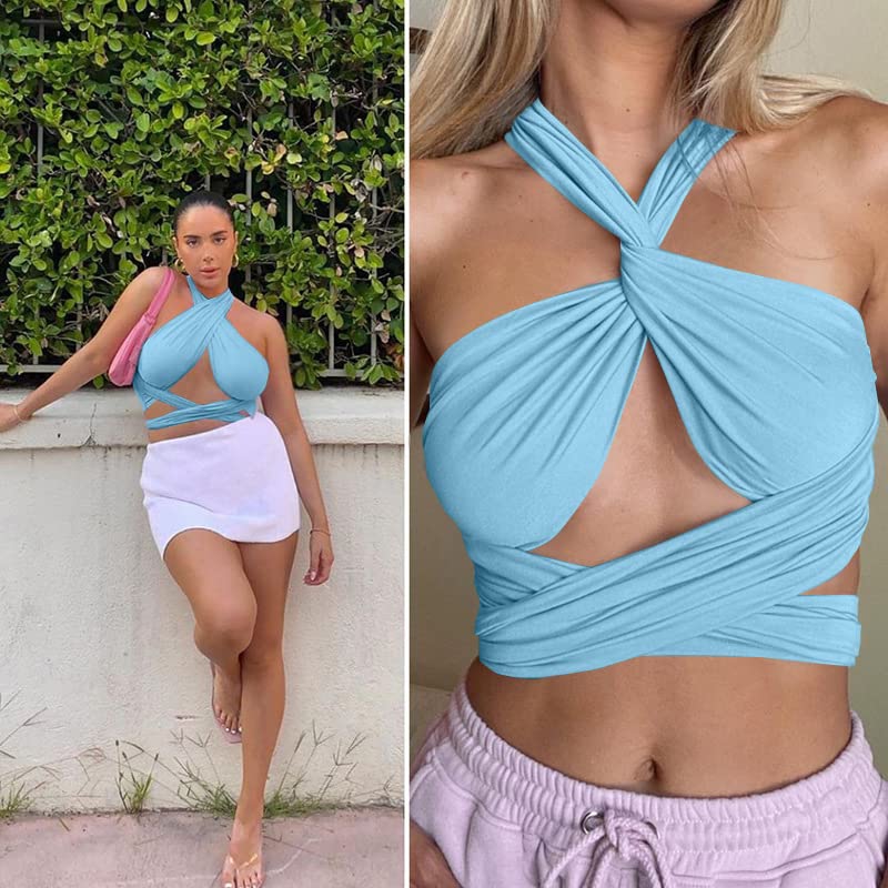ZAFUL Ribbed Halter Crop Top Ruched Lace-up Cropped Cami Bandana Top Stitching Cropped Tank Top Blue - Image 3