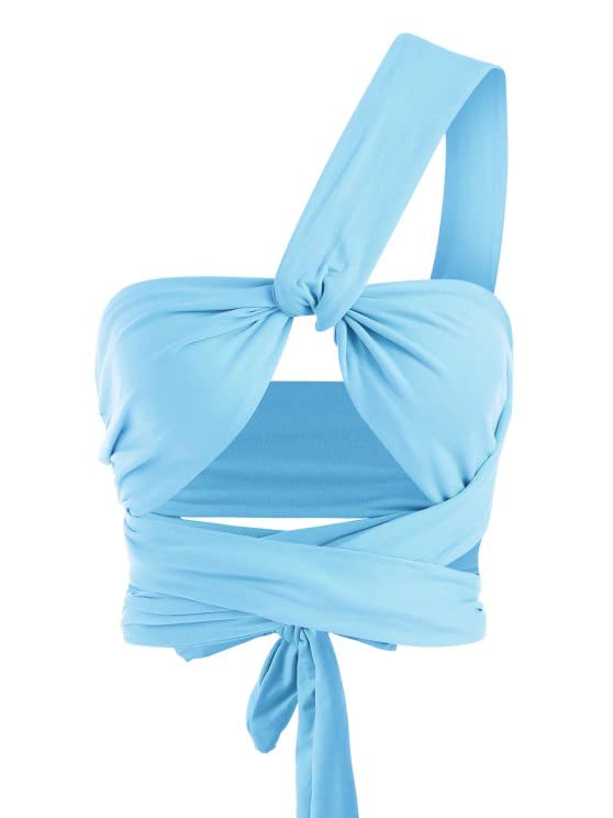 ZAFUL Ribbed Halter Crop Top Ruched Lace-up Cropped Cami Bandana Top Stitching Cropped Tank Top Blue - Image 5