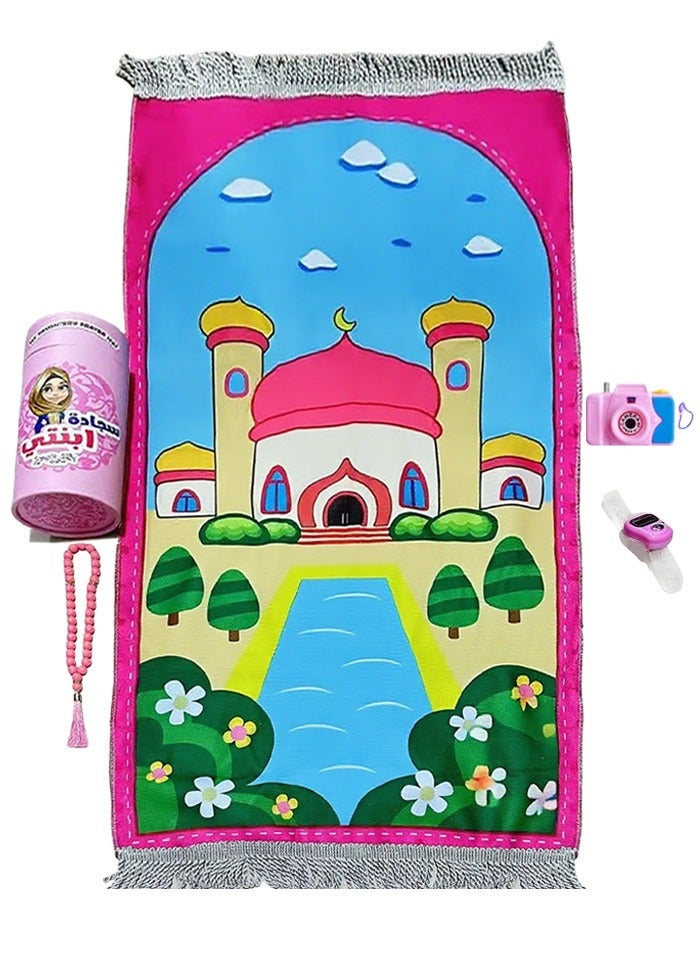 Sunnaltree Foldable Kids Prayer Carpet Mat Set 5PCS with Rosary Tasbeeh Counter Soft Padded Islamic Prayer Rug Pink for Ramadan Eid Hajj Muslim Gift Daily Use - Image 2