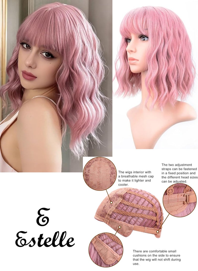 إستيل شعر مستعار بوبو مصنوع من الألياف المقاومة للحرارة للنساء، شعر مستعار كامل بمظهر طبيعي للاستخدام اليومي، وردي - Image 1