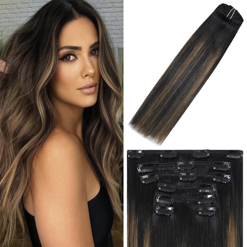 WindTouch Clip in Hair Extensions Remy Hair Natural Black to Chestnut Brown For Women 20Inch 75g Soft Human Hair 9A Grade 1BT6P1B 7PCS
