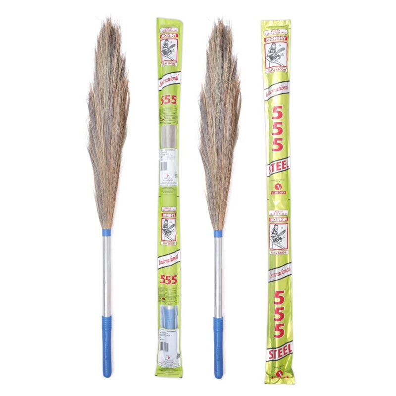 Monkey 555 International Steel Handle Hard_Floor Grass Broom |Pack Of 2| For Sweeping Large Area| Virgin Plastic Fixtures Sleek Stainless Steel Handle For Better Grip& Comfortable Sweeping - Image 1