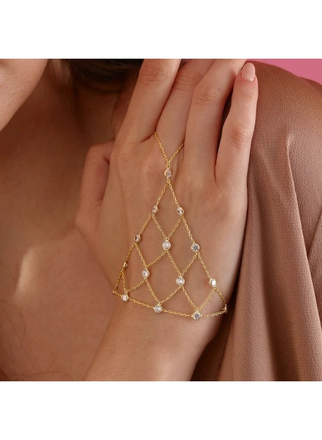 سوار شبكي من الأصابع إلى المعصم للنساء - سلسلة يد بلمسات ماسية، مجوهرات أنيقة وقابلة للطبقات - Image 1