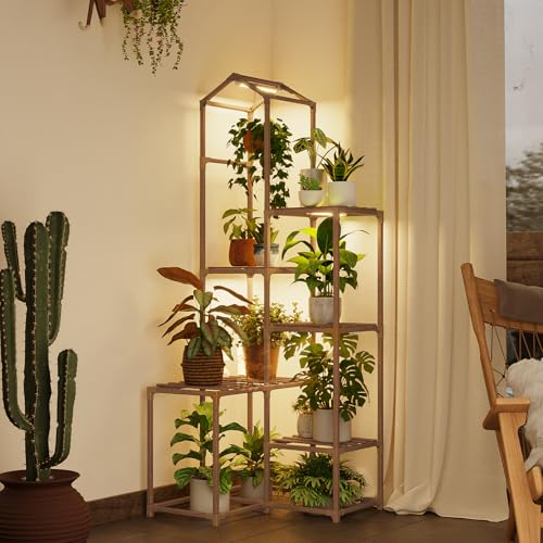 Bamworld Tall Corner Plant Stands with Grow Lights Indoor Outdoor Plant Shelves for Multiple Plants Display Haning Planter Living Room Pation Garden Decor