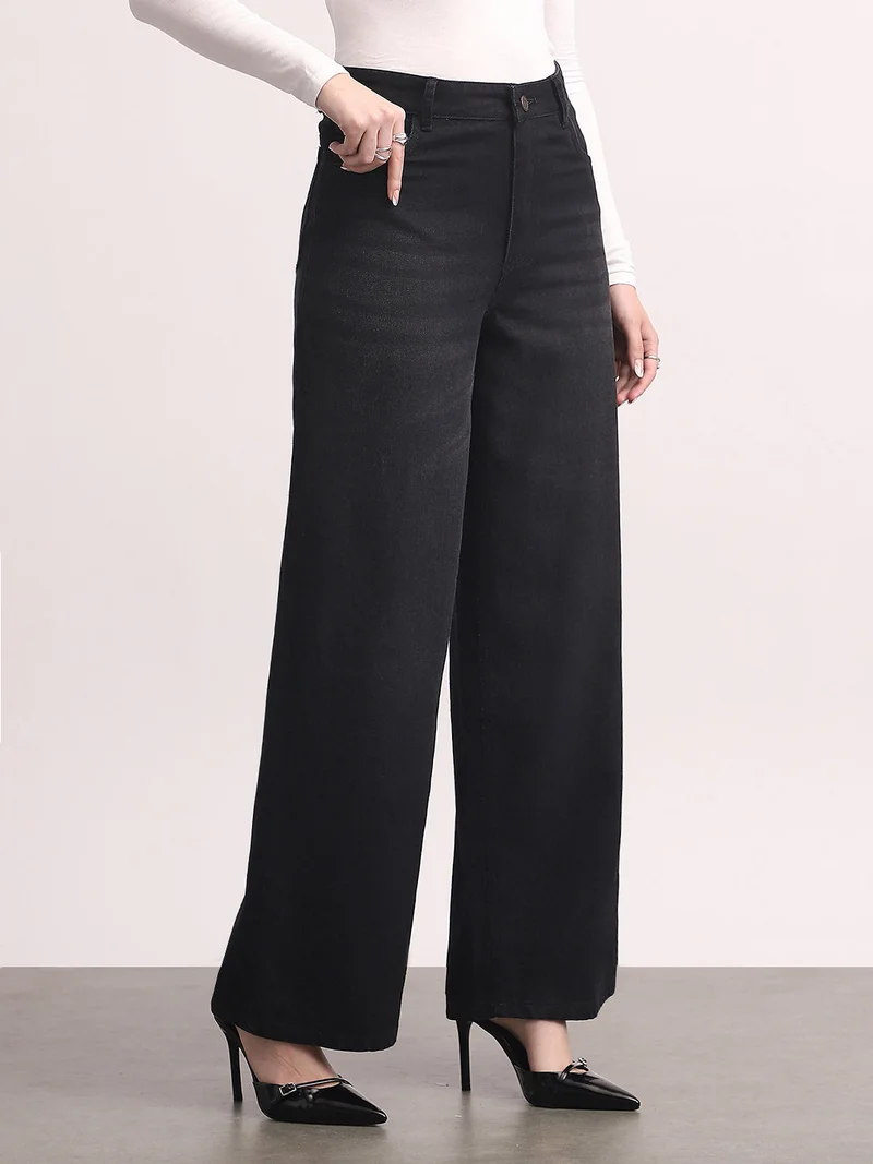 أوربانو فاشن Urbano Fashion Women's Black High Rise Loose Baggy Fit Washed Jeans Non-Stretchable