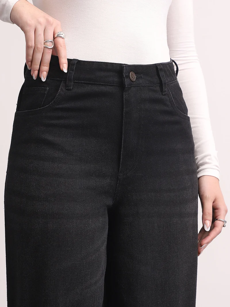 Urbano Fashion  Urbano Fashion Women's Black High Rise Loose Baggy Fit Washed Jeans Non-Stretchable  | Best Price UAE