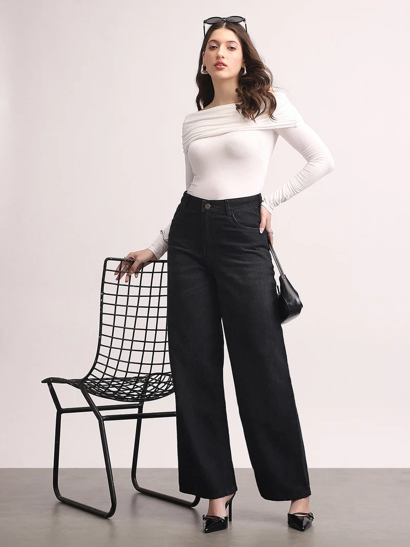 Urbano Fashion  Urbano Fashion Women's Black High Rise Loose Baggy Fit Washed Jeans Non-Stretchable  | Best Price UAE