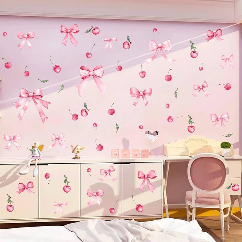 Vomika 48PCS Pink Bow Wall Decals, Watercolor Coquette Cherry Wall Stickers | Light Pink Bow Knot Wall Art Decor, Bowtie Fruit Vinyl Wallpaper, for Nursery Bedroom Room Decor Girls Party Supplies - Image 1