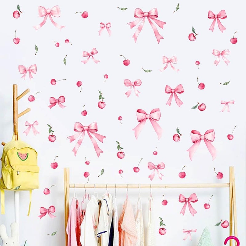Vomika 48PCS Pink Bow Wall Decals, Watercolor Coquette Cherry Wall Stickers | Light Pink Bow Knot Wall Art Decor, Bowtie Fruit Vinyl Wallpaper, for Nursery Bedroom Room Decor Girls Party Supplies - Image 4